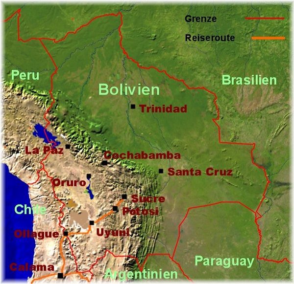 Satelliten -Foto Bolivien - unsere Reiseroute